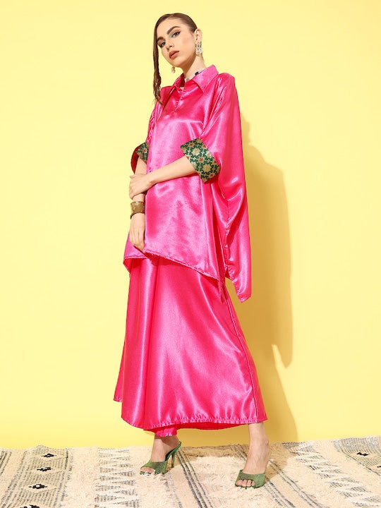 InWeave Women's Pink Green Brocade Satin Boho Kurta Palazzo Set | Grocsy