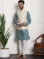 Sojanya Men Blue Ethnic Motifs Kurta with Pyjamas & Nehru Jacket | Grocsy