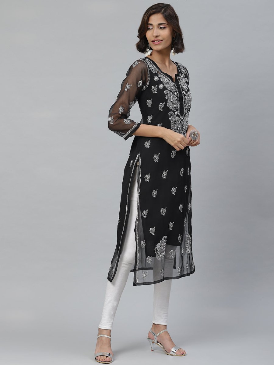 ADA Women Black & White Paisley Chikankari Embroidered Straight Handloom Kurta | Grocsy