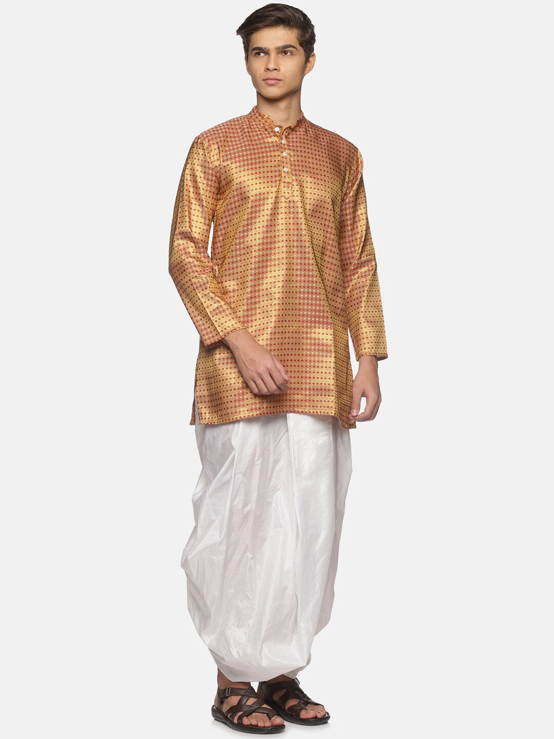 Sethukrishna Men Art Silk Golden & Red Kurta with Dhoti Pants | Grocsy