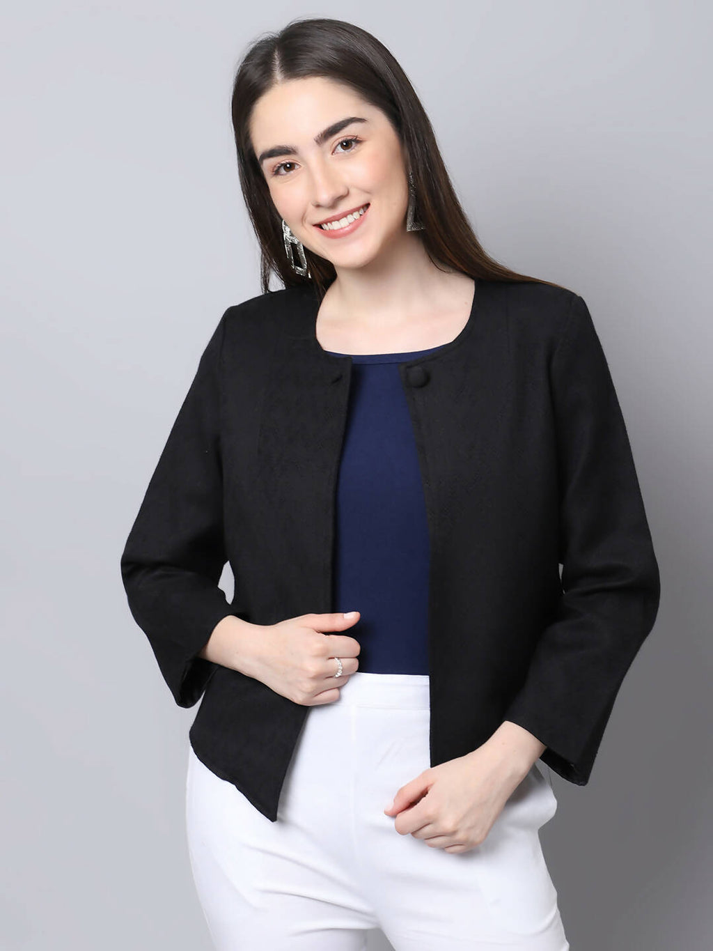 Even Apparels Black 100% Viscose Open Front Statement Women's Jacket | Grocsy