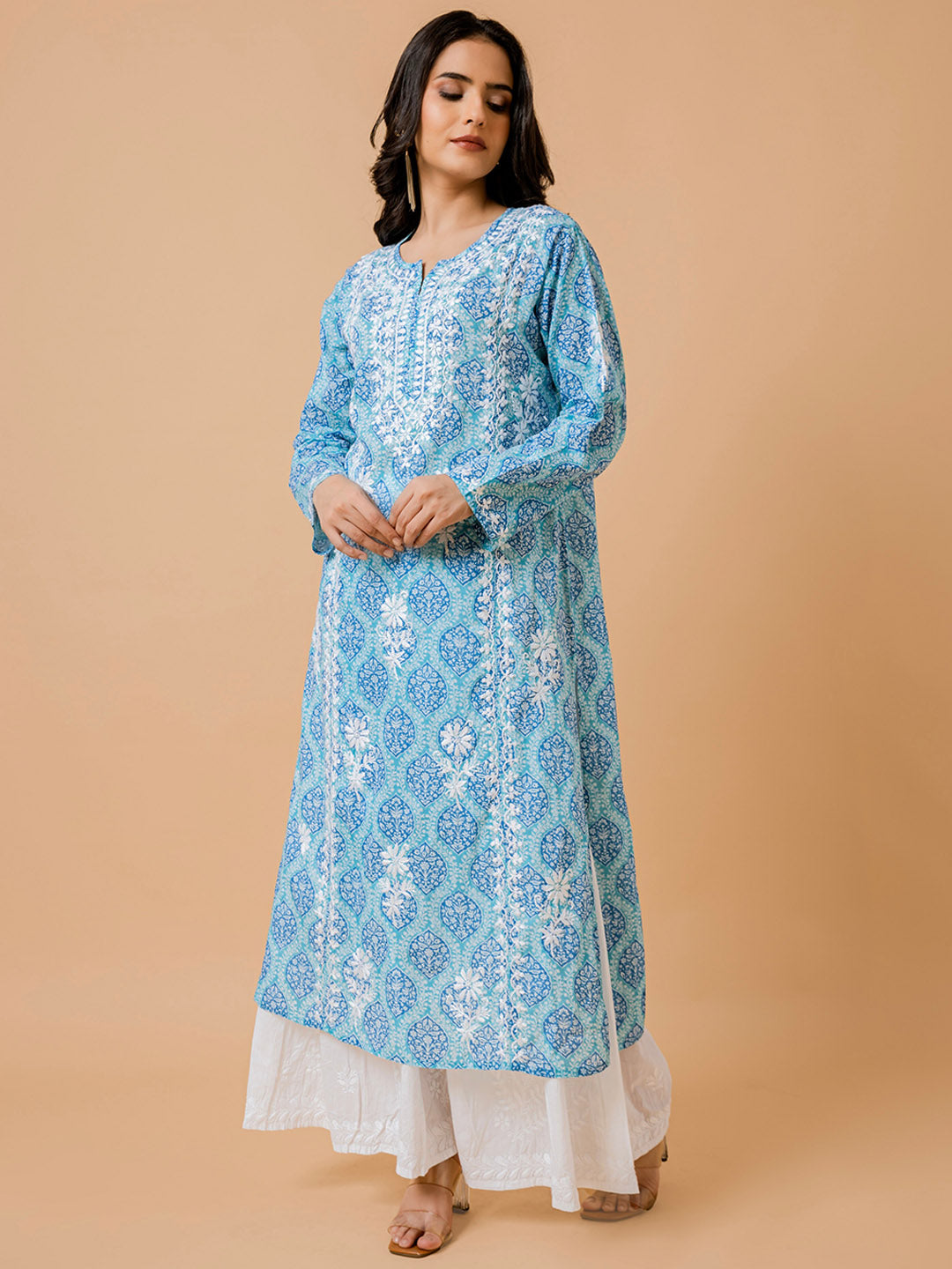 HOUSE OF KARI Ethnic Motifs Printed Cotton Panelled Chikankari Kurta | Grocsy
