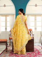 Tikhi Imli Yellow Ethnic Motifs Beads and Stones Embroidered Saree | Grocsy