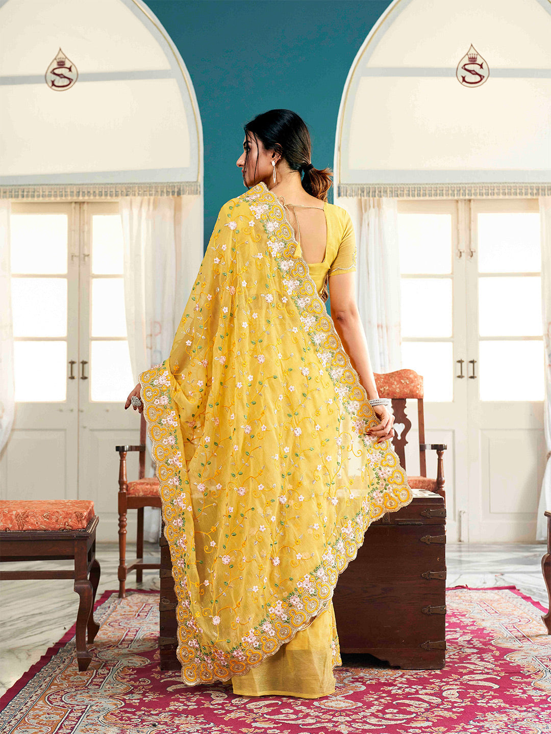 Tikhi Imli Yellow Ethnic Motifs Beads and Stones Embroidered Saree | Grocsy
