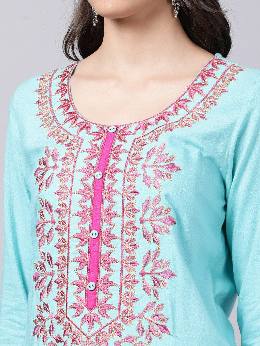 Souchii Women Blue & Pink Embroidered Round Neck Straight Kurta | Grocsy