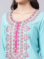 Souchii Women Blue & Pink Embroidered Round Neck Straight Kurta | Grocsy