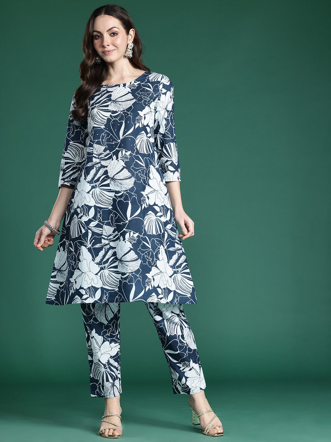 Indo Era Floral Printed Pure Cotton Kurta with Trousers | Grocsy
