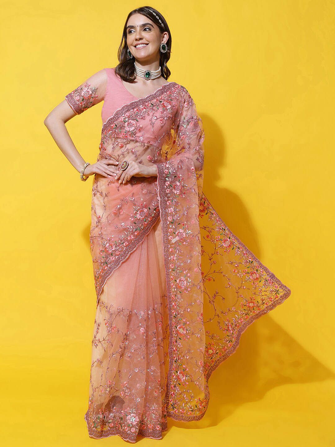 kasee Floral Embroidered Net Saree | Grocsy