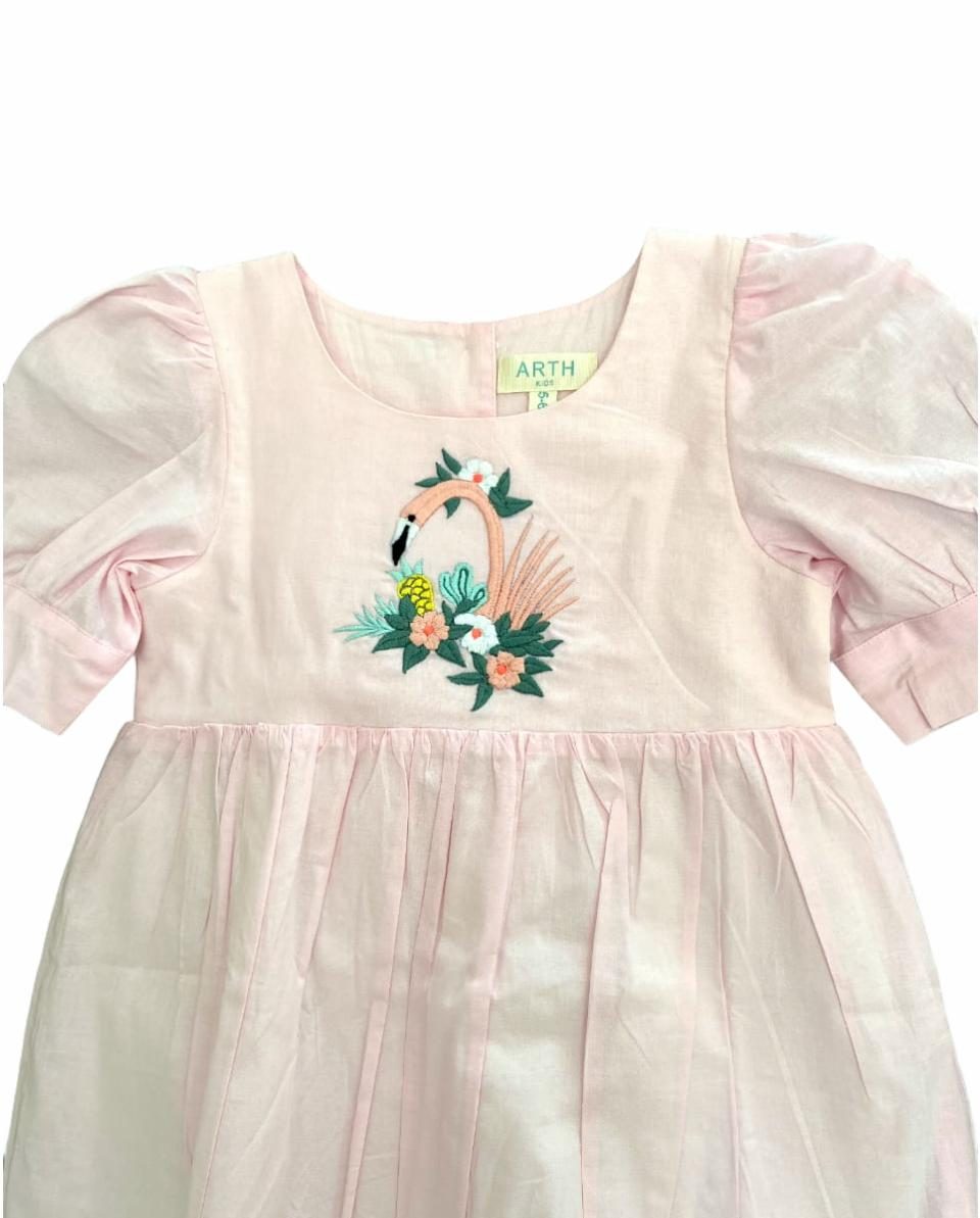 ArthLife Pink Flamingo Embroidered Dress | Grocsy