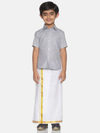 Sethukrishna Boys Grey & White Solid Shirt and Veshti Set | Grocsy