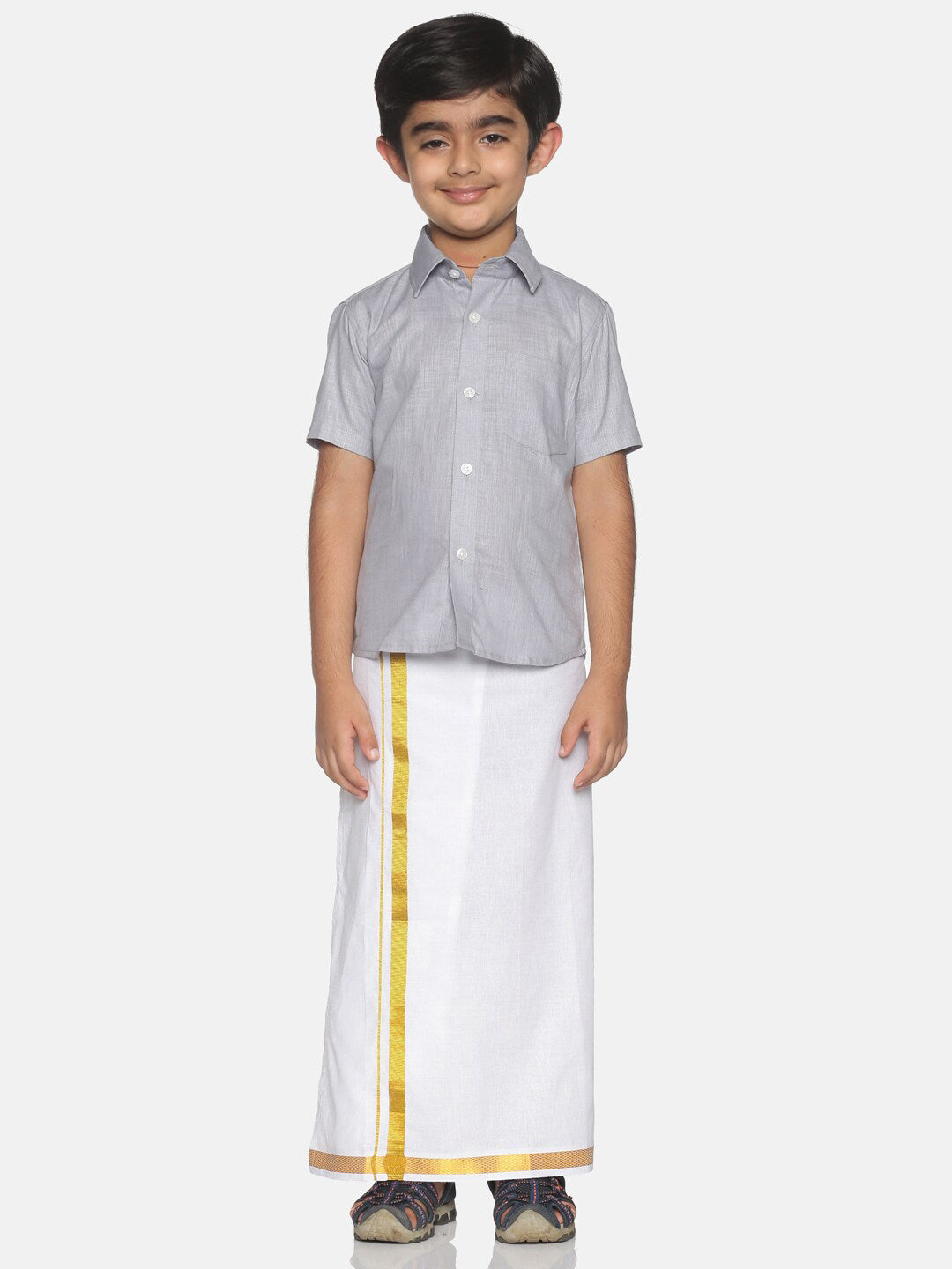 Sethukrishna Boys Grey & White Solid Shirt and Veshti Set | Grocsy