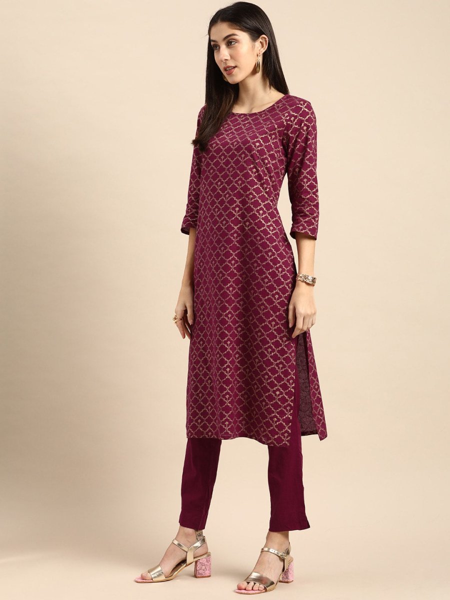 All About You Women Maroon Woven Design Pure Cotton Kurta with Trousers | Grocsy