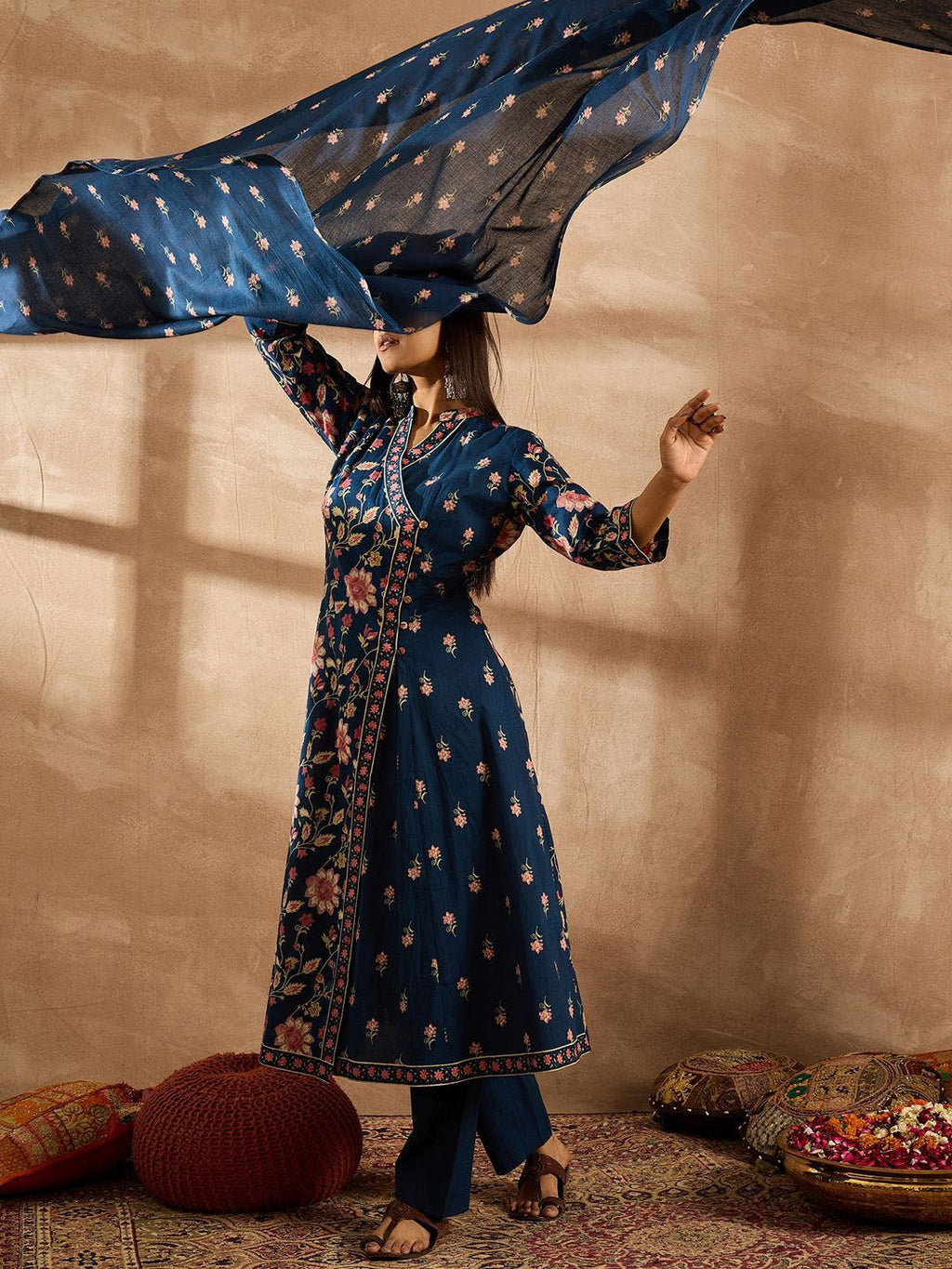 Indo Era Women Floral Printed Angrakha Beads and Stones Pure Cotton Kurta with Trousers & With Dupatta | Grocsy