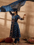 Indo Era Women Floral Printed Angrakha Beads and Stones Pure Cotton Kurta with Trousers & With Dupatta | Grocsy