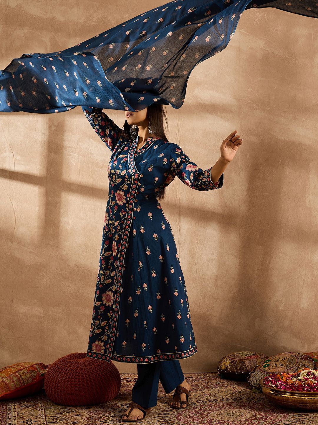 Indo Era Women Floral Printed Angrakha Beads and Stones Pure Cotton Kurta with Trousers & With Dupatta | Grocsy