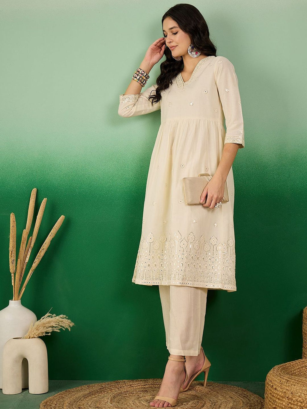 Sangria Off White Floral Embroidered Mirror Work Pure Cotton Anarkali Kurta Set | Grocsy