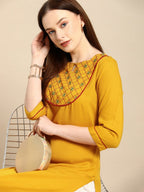 All About You Women Mustard Yellow Ethnic Motifs Yoke Design Keyhole Neck Straight Kurta | Grocsy