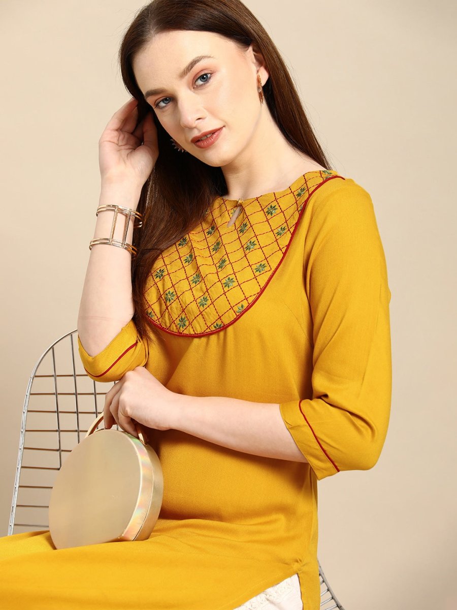 All About You Women Mustard Yellow Ethnic Motifs Yoke Design Keyhole Neck Straight Kurta | Grocsy