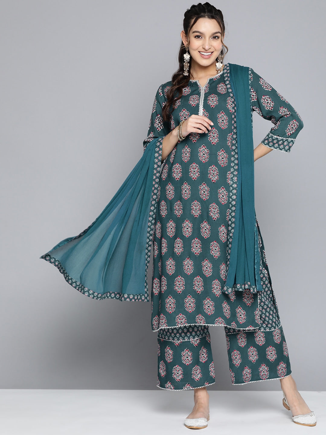 HERE&NOW Women Ethnic Motifs Printed Gotta Patti Kurta With Palazzos & With Dupatta | Grocsy