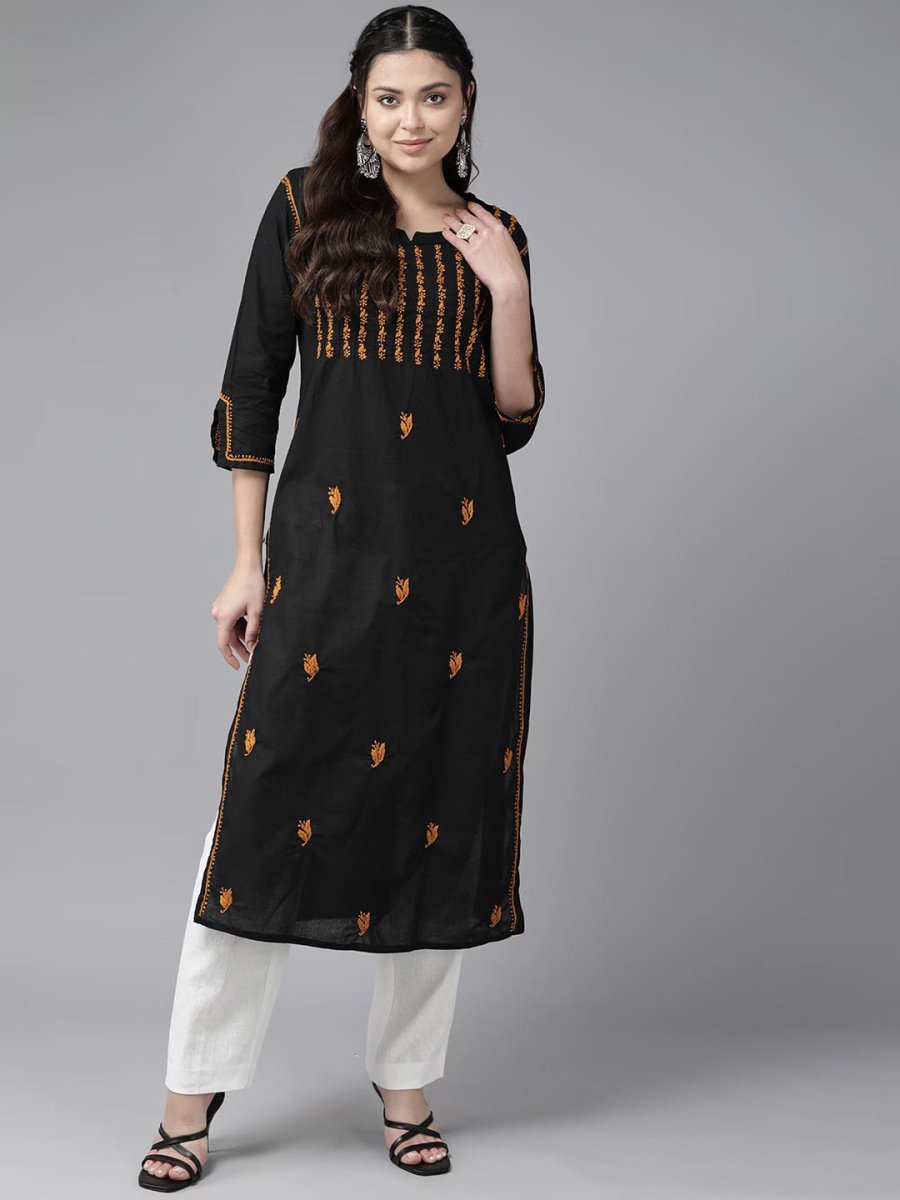 ADA Ethnic Motifs Embroidered Chikankari Cotton Straight Kurta | Grocsy