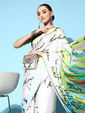 Tikhi Imli Off White & Green Abstract Print Satin Saree | Grocsy