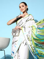 Tikhi Imli Off White & Green Abstract Print Satin Saree | Grocsy