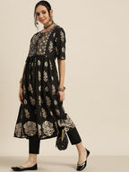 Sangria Women Black & Golden Ethnic Motifs Printed Kurta | Grocsy