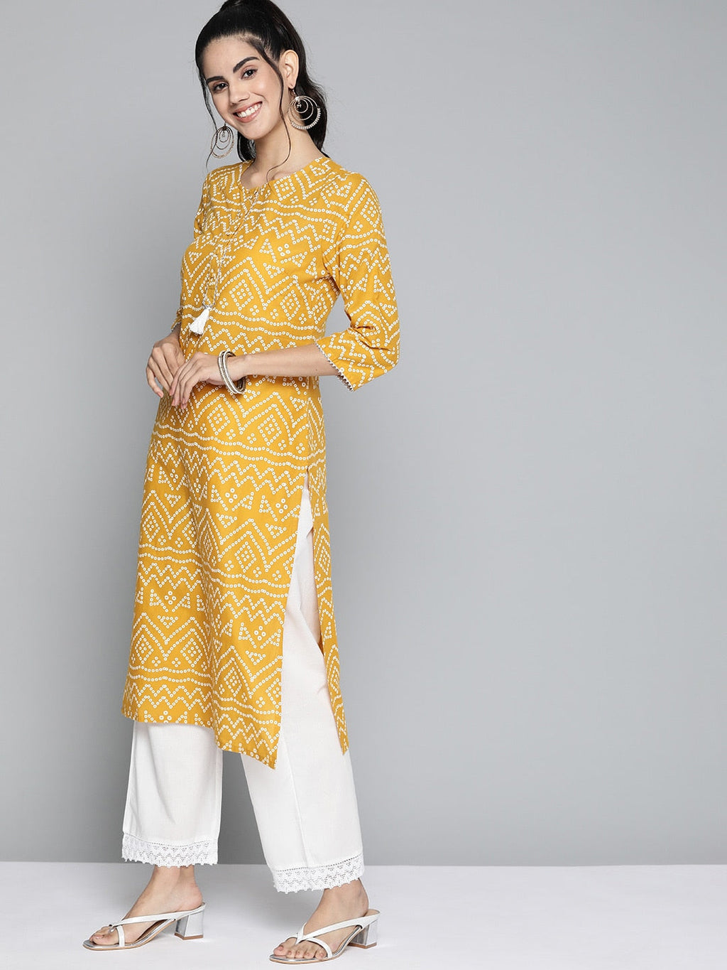 HERE&NOW Women Mustard Yellow & White Bandhani Printed Gotta Patti Kurta | Grocsy