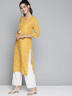 HERE&NOW Women Mustard Yellow & White Bandhani Printed Gotta Patti Kurta | Grocsy