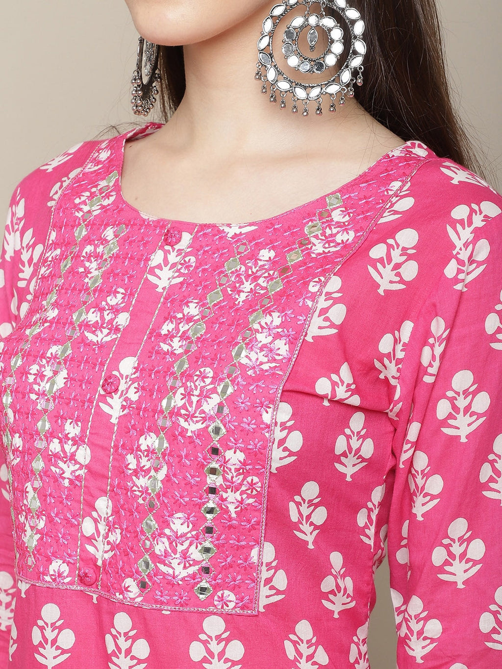 Sangria Women Floral Printed Mirror Work Pure Cotton Kurti with Trousers & Dupatta | Grocsy