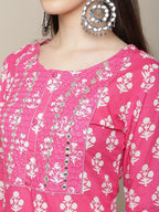 Sangria Women Floral Printed Mirror Work Pure Cotton Kurti with Trousers & Dupatta | Grocsy