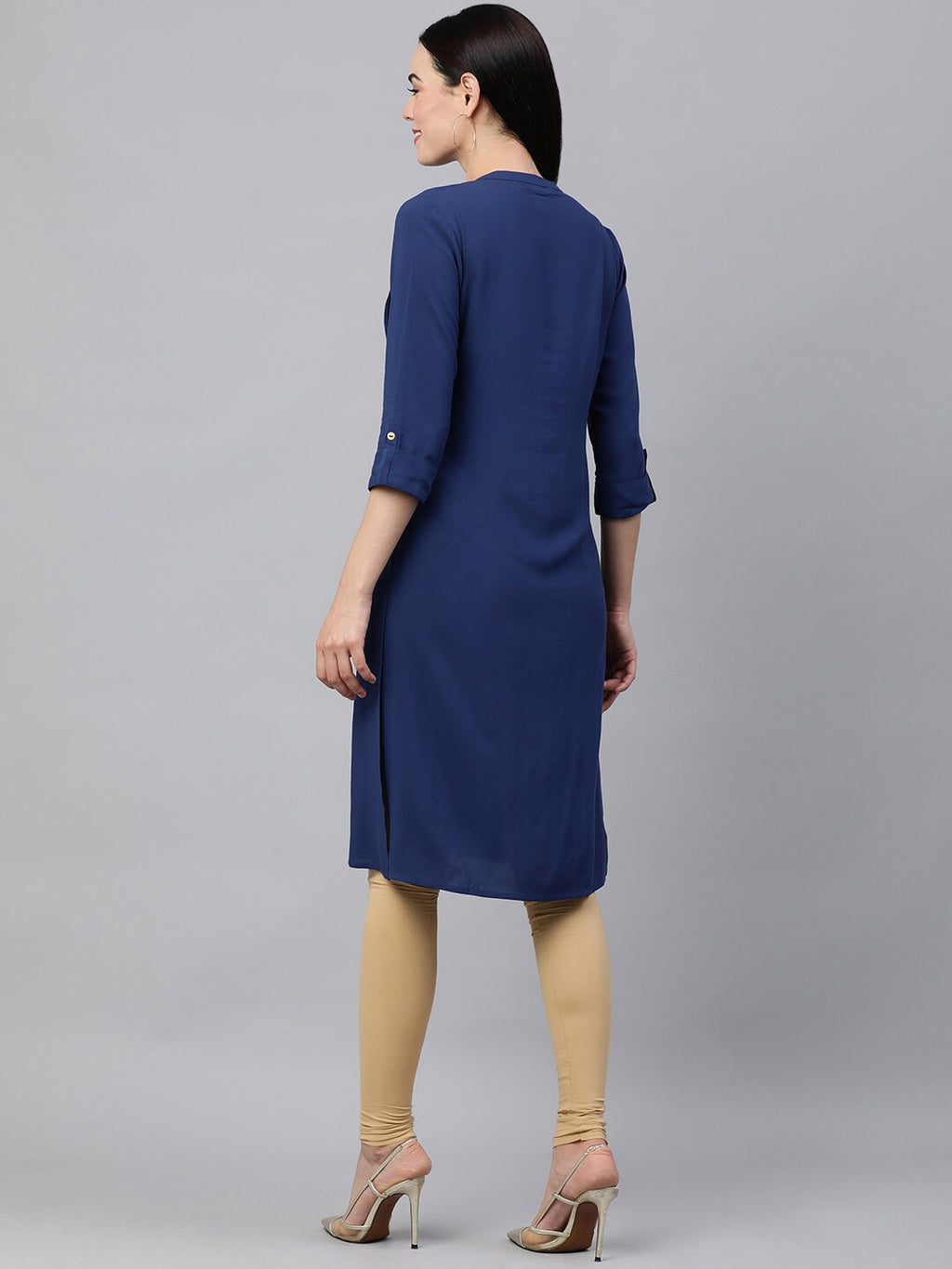 HERE&NOW Band Collar Roll UP Sleeves Knee Length Kurta | Grocsy