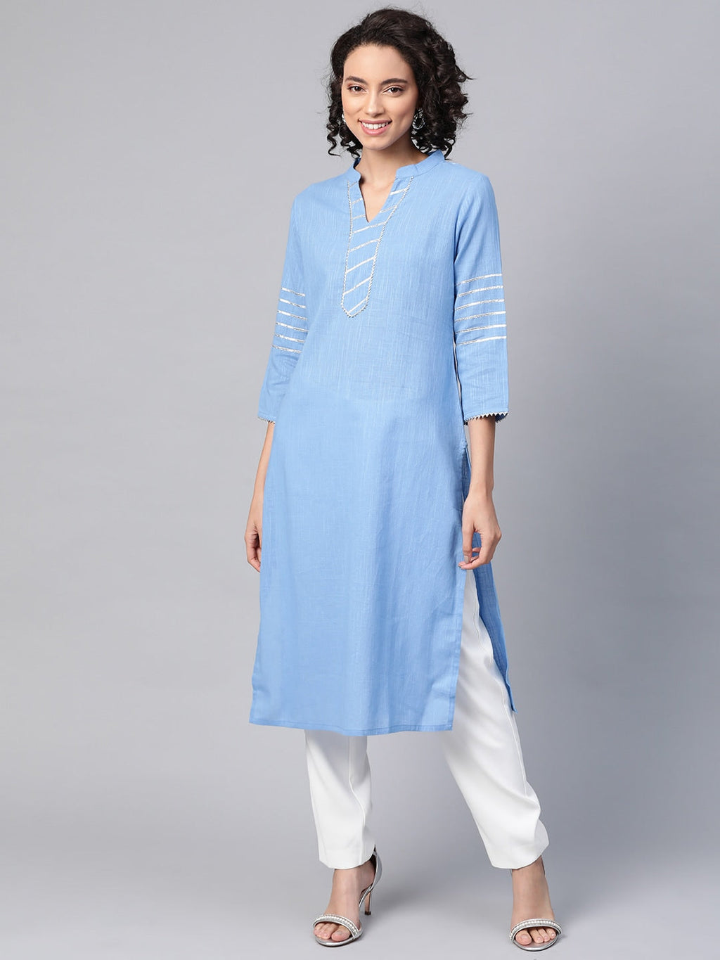 HERE&NOW Women Blue & White Pure Cotton Solid Straight Kurta | Grocsy