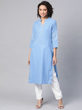 HERE&NOW Women Blue & White Pure Cotton Solid Straight Kurta | Grocsy