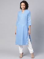 HERE&NOW Women Blue & White Pure Cotton Solid Straight Kurta | Grocsy