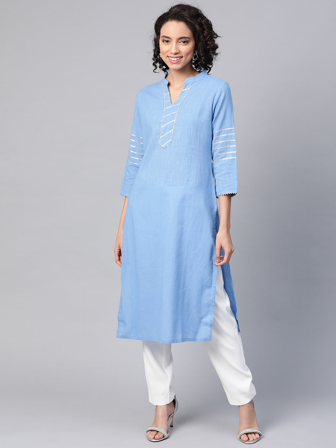 HERE&NOW Women Blue & White Pure Cotton Solid Straight Kurta | Grocsy