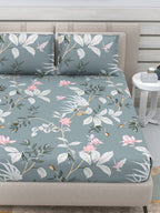 DREAM WEAVERZ Grey & White Floral 220 TC Queen Bedsheet with 2 Pillow Covers | Grocsy