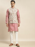 Sojanya Men Pink Ethnic Motifs Kurta with Churidar & Nehru Jacket | Grocsy