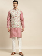 Sojanya Men Pink Ethnic Motifs Kurta with Churidar & Nehru Jacket | Grocsy
