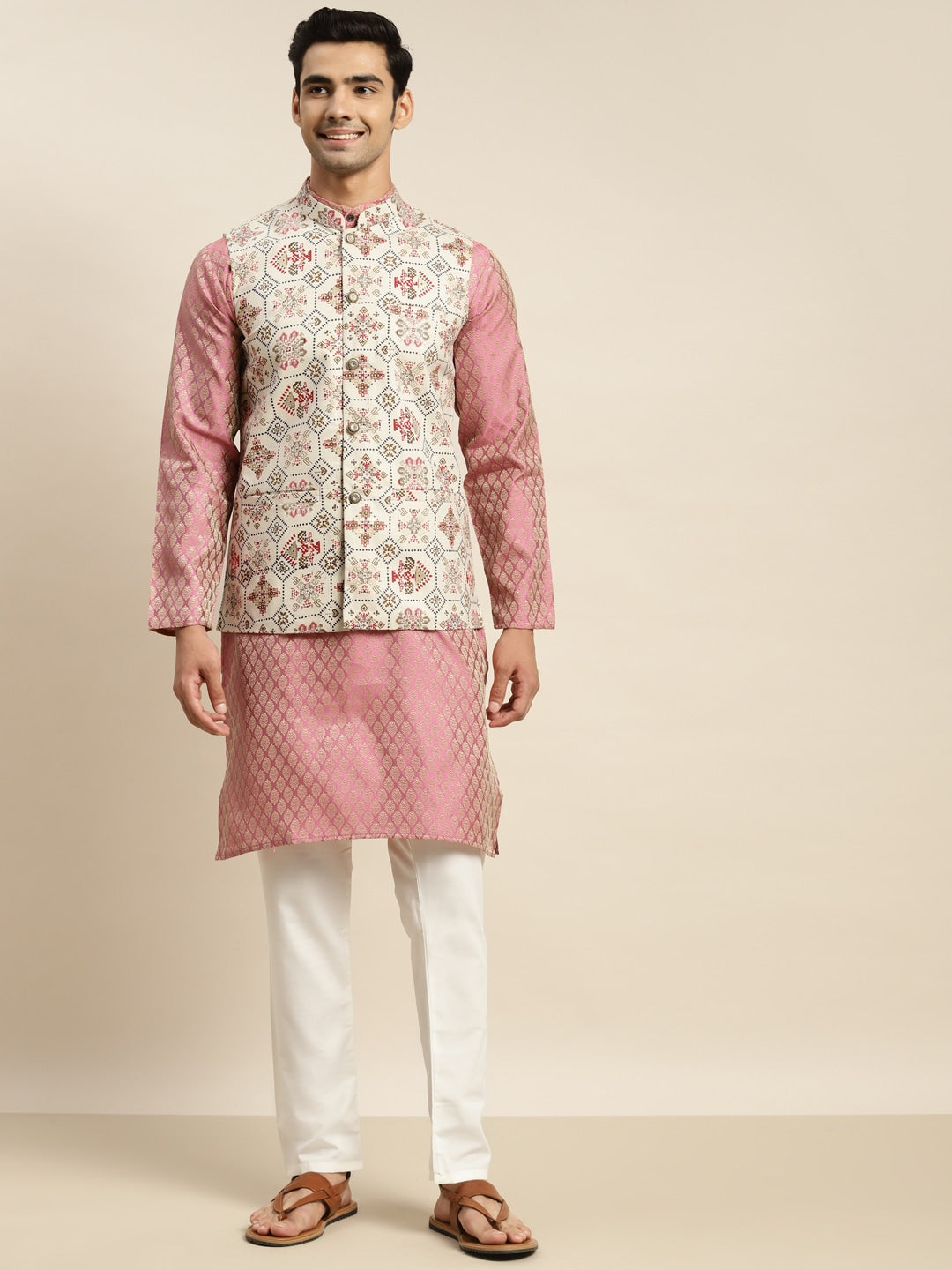 Sojanya Men Pink Ethnic Motifs Kurta with Churidar & Nehru Jacket | Grocsy