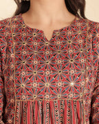 Aramya Red Soft Cotton Geometric Print Panelled Kurta Set for Women | Grocsy