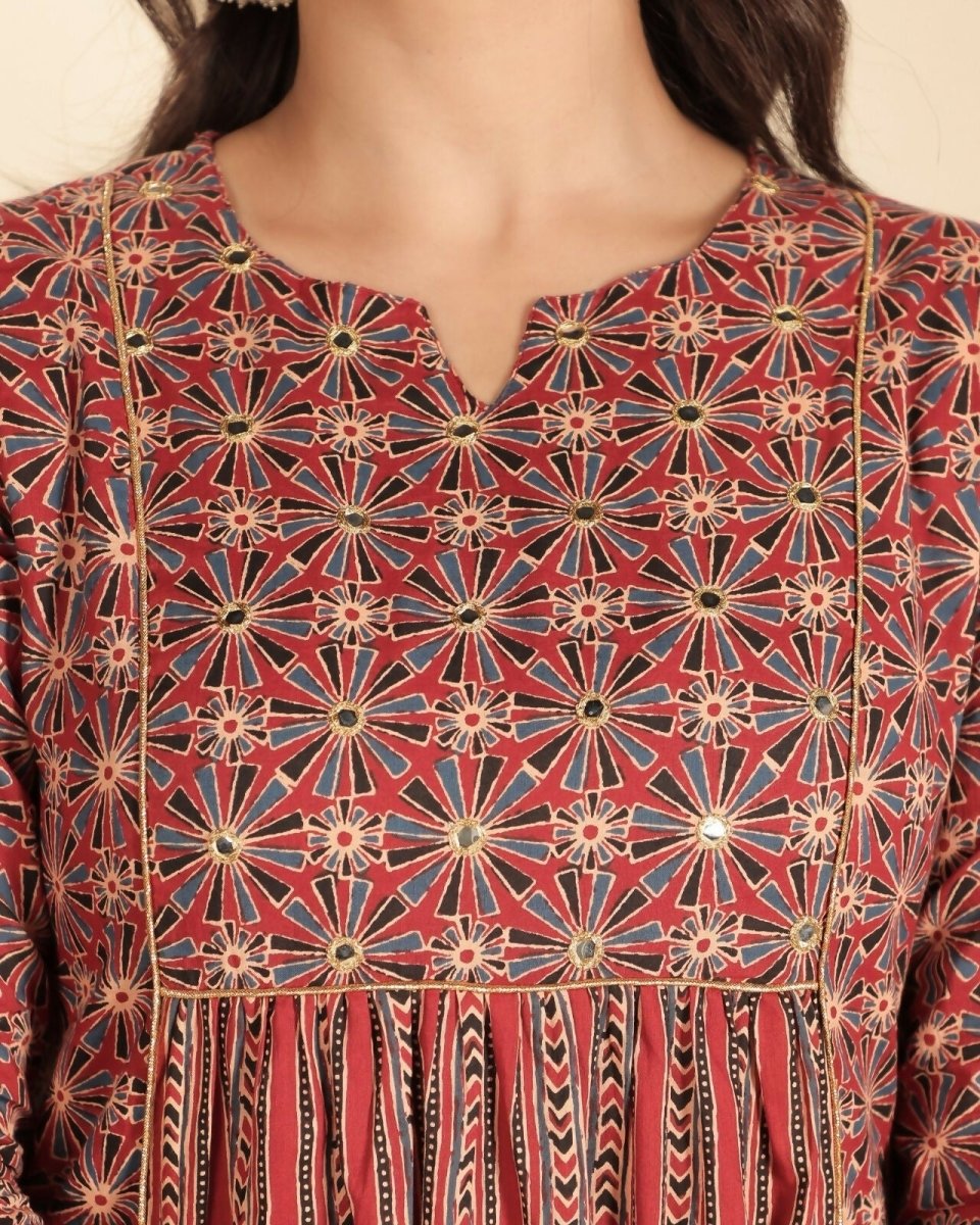 Aramya Red Soft Cotton Geometric Print Panelled Kurta Set for Women | Grocsy