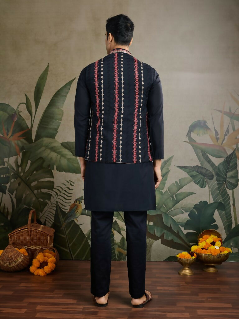Vastranavya Black Exclusive Festival Viscose Silk Thread & Swarovski Embroidered Work Mens Wear Kurta & Koti | Grocsy