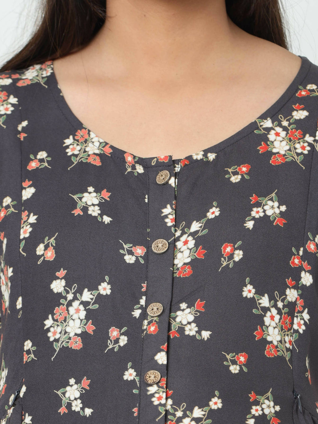 Manet Short Sleeves Maternity Dress Floral Print With Concealed Zipper Nursing Access - Navy Blue | Grocsy