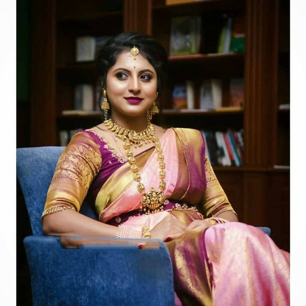 DEIANA'S Beautiful Designer Golden zari Soft Lichi Silk Saree - Peach | Grocsy