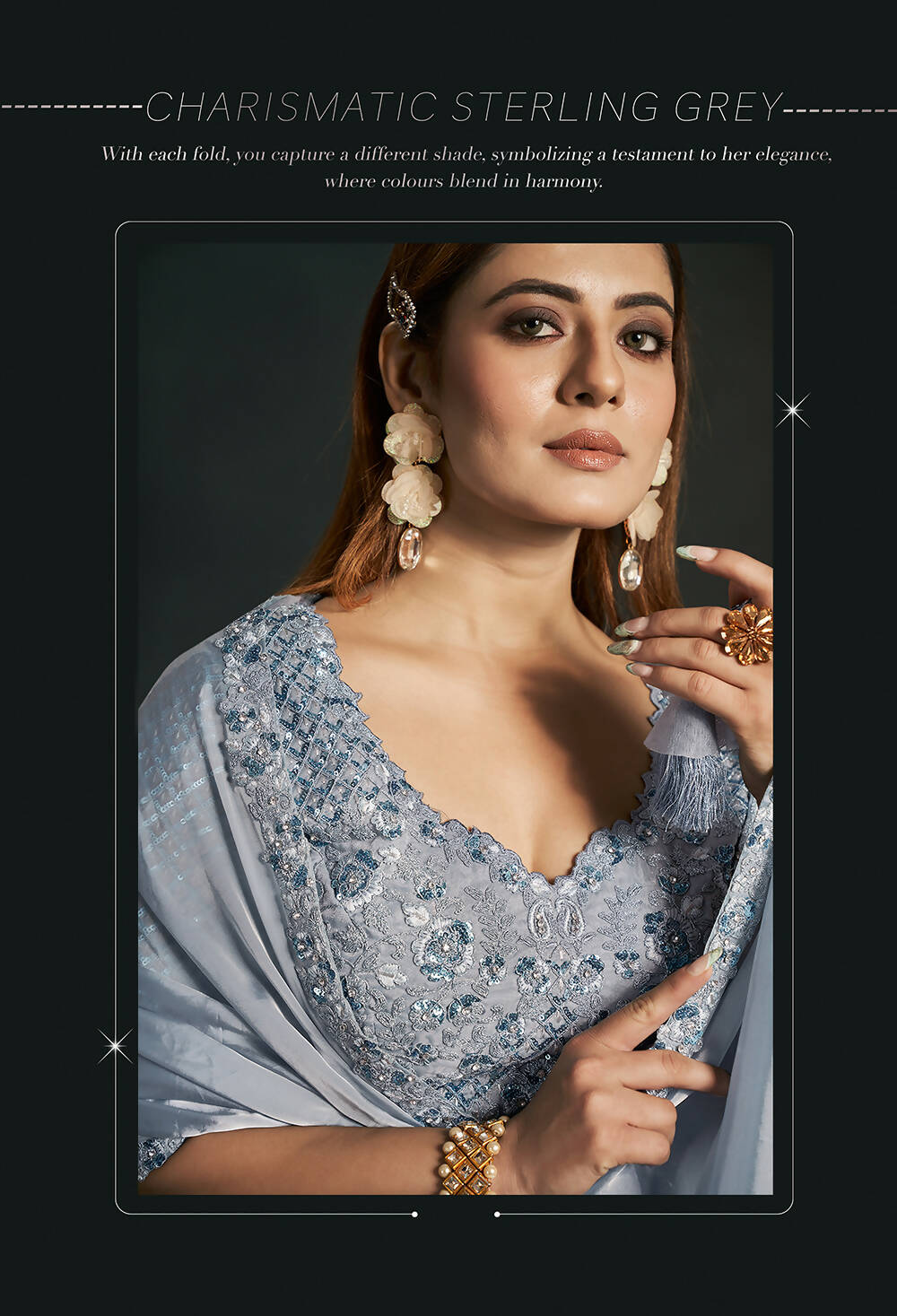 Grey Silk Crepe Satin Cord Sequence & Thread Embroidered & Stone Work Saree - Moh-Manthan Royal Enigma | Grocsy
