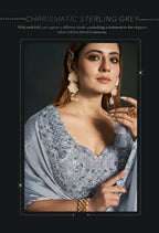 Grey Silk Crepe Satin Cord Sequence & Thread Embroidered & Stone Work Saree - Moh-Manthan Royal Enigma | Grocsy
