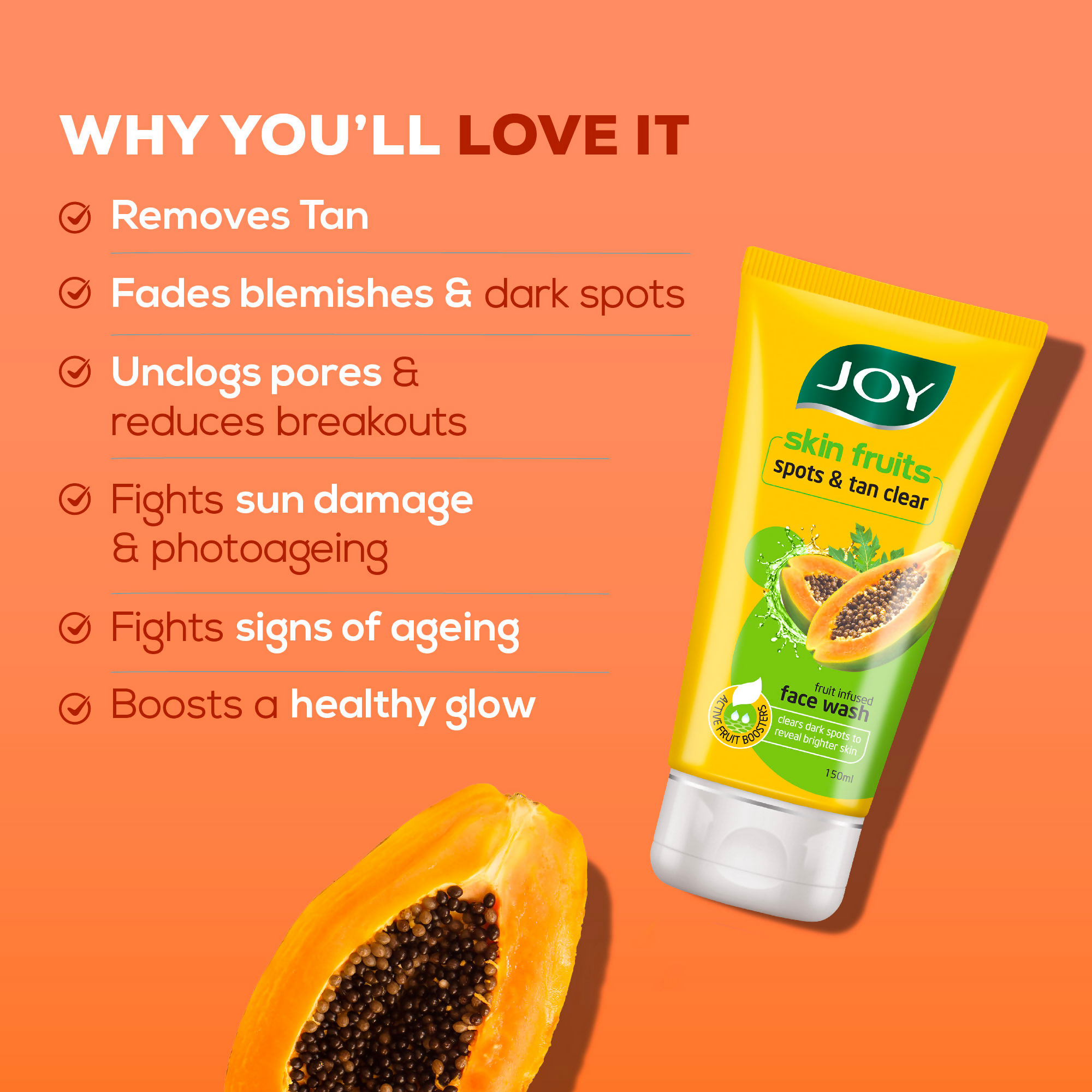 Joy De Tan Papaya Face Wash For Dark Spots Tan & Dead Skin Removal | Grocsy