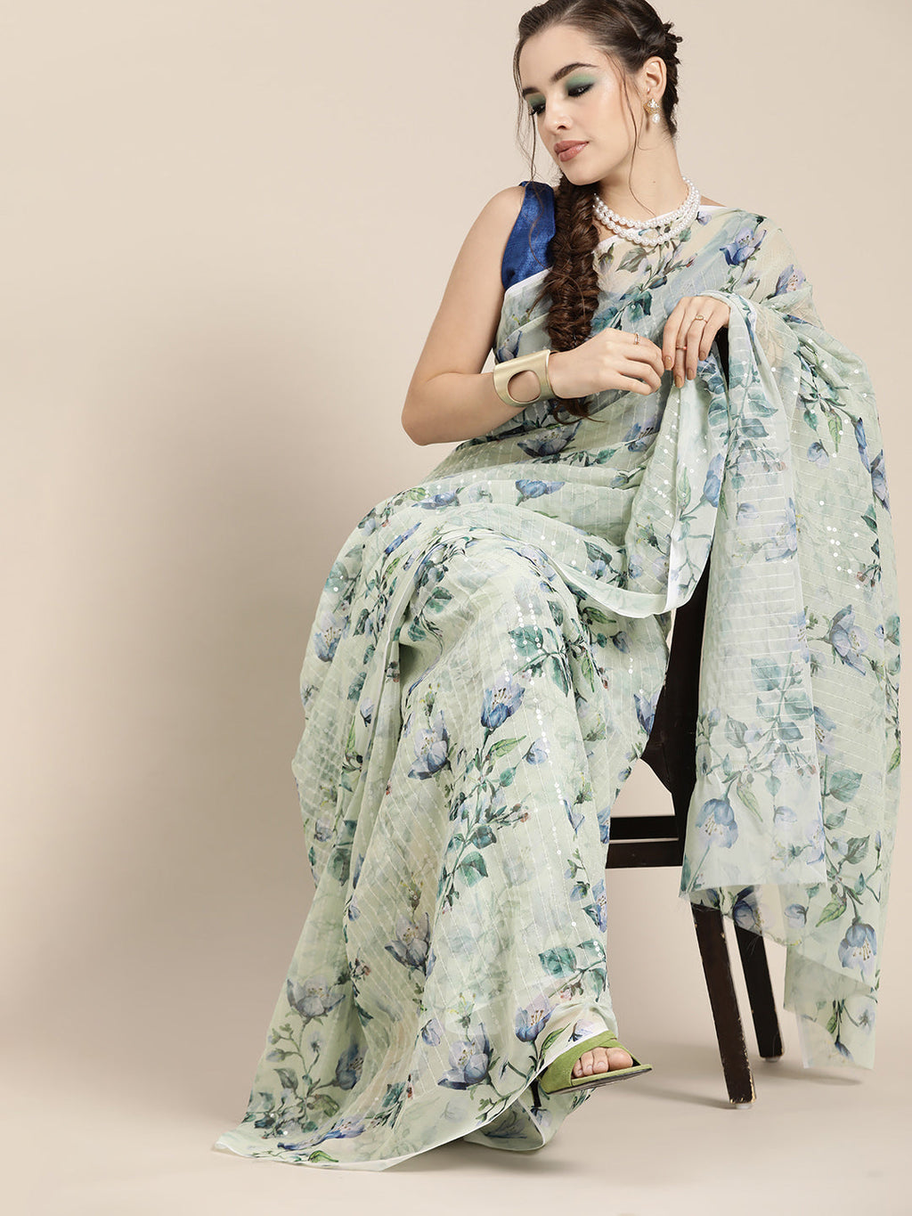 Saree Mall Blue Floral Sequinned Linen Blend Chanderi Saree | Grocsy