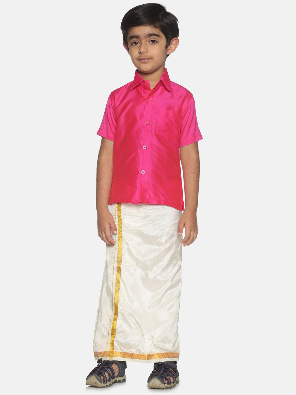 Sethukrishna Pink & White Shirt with Veshti Set For Boys | Grocsy